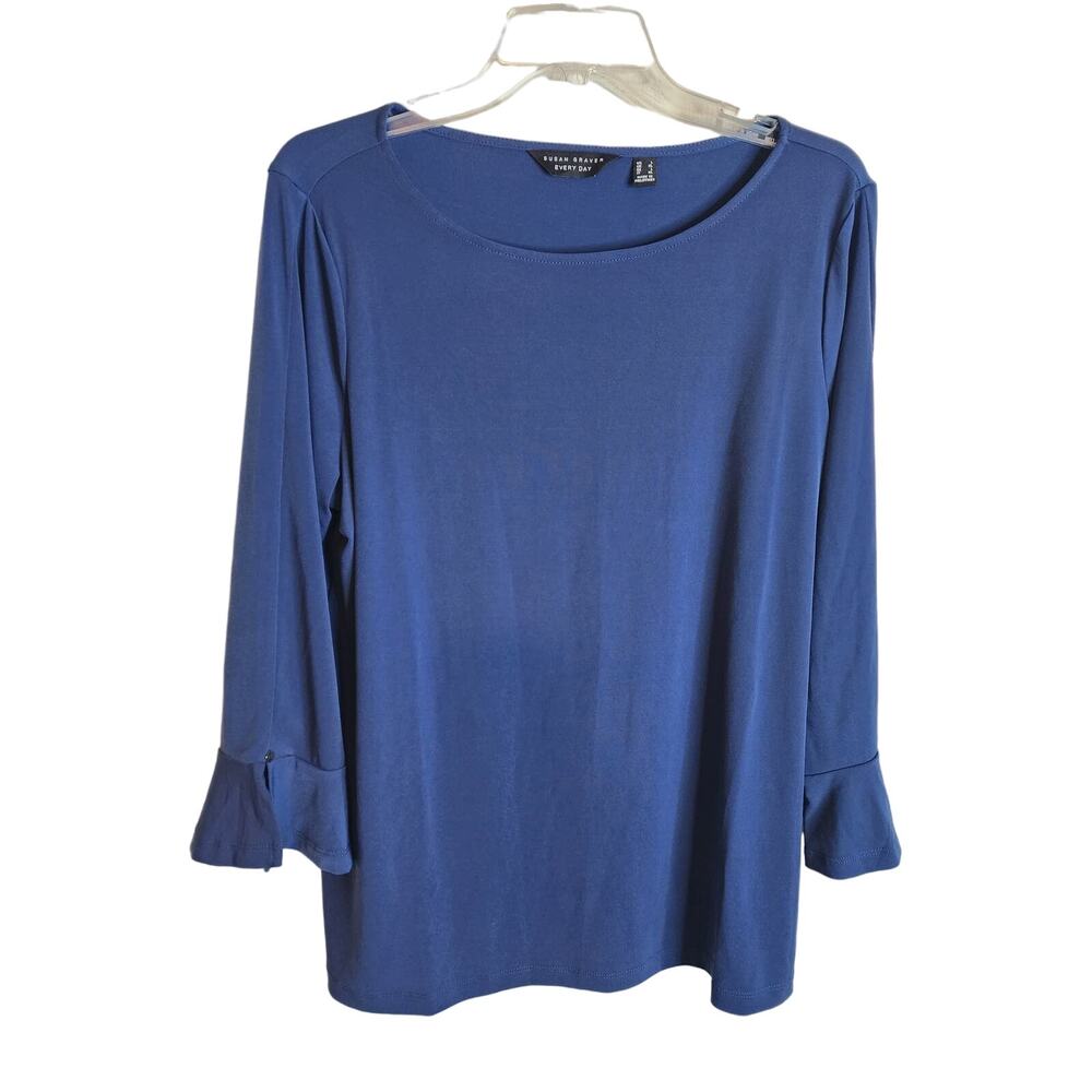 Susan Graver Everyday Dark Blue Top with Mild Bell Sleeve, Large